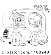 Poster, Art Print Of Black And White Lineart Ice Cream Truck Driver