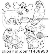 Clipart Of Black And White Lineart Pets Royalty Free Vector Illustration by visekart