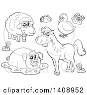 Clipart Of Black And White Lineart Farm Animals Royalty Free Vector Illustration