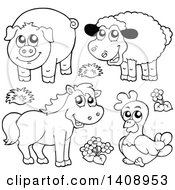 Poster, Art Print Of Black And White Lineart Farm Animals