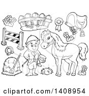 Poster, Art Print Of Black And White Lineart Equestrian With A Horse And Items