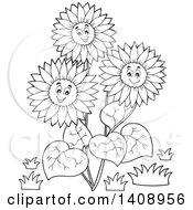 Poster, Art Print Of Black And White Lineart Group Of Happy Sunflowers