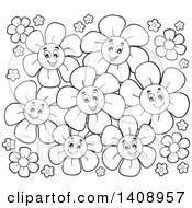 Poster, Art Print Of Black And White Lineart Group Of Flowers