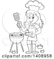 Poster, Art Print Of Black And White Lineart Happy Girl Cooking On A Bbq Grill