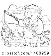 Poster, Art Print Of Black And White Lineart Bear Fishing