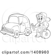 Poster, Art Print Of Black And White Lineart Mechanic Working On A Car
