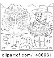 Black And White Lineart Farmer Holding A Basket By An Apple Tree