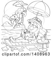 Clipart Of A Black And White Lineart Girl Reading And Sun Bathing Royalty Free Vector Illustration