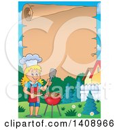 Poster, Art Print Of Scroll Border With A Happy Caucasian Girl Cooking On A Bbq Grill