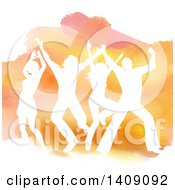 White Silhouetted Dancers Jumping Over Orange Watercolor On White