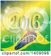 Poster, Art Print Of Rio De Janeiro Brazil Flag And 2016 On A Yellow And Green Burst