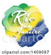 White Rio De Janeiro Text Over Watercolor Green Yellow And Blue Stripes On White
