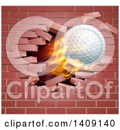 3d Flying And Blazing Golf Ball Breaking Through A Brick Wall