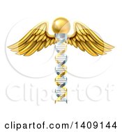 Clipart Of A 3d Silver And Gold Dna Strand Winged Medical Caduceus Royalty Free Vector Illustration
