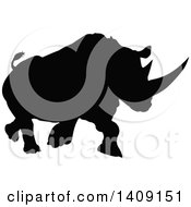 Clipart Of A Black Silhouetted Rhinoceros Charging Royalty Free Vector Illustration