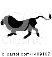 Clipart Of A Black Silhouetted Male Lion Running Royalty Free Vector Illustration