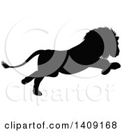 Clipart Of A Black Silhouetted Male Lion Pouncing Royalty Free Vector Illustration