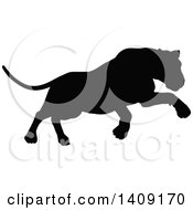 Clipart Of A Black Silhouetted Lioness Pouncing Royalty Free Vector Illustration