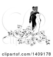 Clipart Of A Black And White Silhouetted Posing Bride And Groom With Swirls Royalty Free Vector Illustration by AtStockIllustration