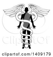 Clipart Of A Black And White Silhouetted Person As The Rod In A Medical Snake And Wing Caduceus Royalty Free Vector Illustration by AtStockIllustration