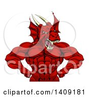 Clipart Of A Cartoon Roaring Red Muscular Dragon Man Flexing From The Waist Up Royalty Free Vector Illustration