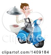 White Male Waiter With A Curling Mustache Holding A Platter On A Delivery Scooter With Pizza Boxes