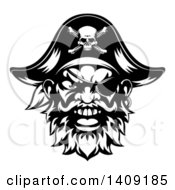Poster, Art Print Of Black And White Tough Pirate Mascot Face With An Eye Patch And Captain Hat
