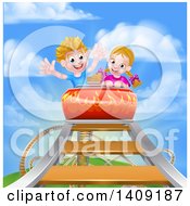 Clipart Of A Happy White Boy And Girl At The Top Of A Roller Coaster Ride Against A Blue Sky With Clouds Royalty Free Vector Illustration by AtStockIllustration