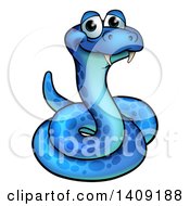 Poster, Art Print Of Cartoon Happy Blue Coiled Snake