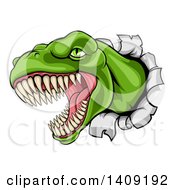 Cartoon Roaring Angry Green Tyrannosaurus Rex Dino Head Breaking Through A Wall