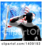Clipart Of A Black Silhouetted Solder Saluting On A Hill Top Over An American Flag And Sky Royalty Free Vector Illustration by AtStockIllustration