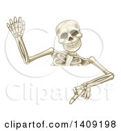 Clipart Of A Cartoon Human Skeleton Waving And Pointing Down Over A Sign Royalty Free Vector Illustration