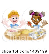 Poster, Art Print Of Happy White Boy Making Frosting And Black Girl Making Star Cookies