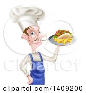 Poster, Art Print Of White Male Chef With A Curling Mustache Holding A Souvlaki Kebab Sandwich On A Tray