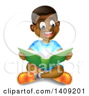 Poster, Art Print Of Happy Black Boy Sitting On The Floor And Reading A Book With Magical Lights