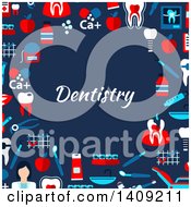 Poster, Art Print Of Flat Design Border Of Dental Icons With Text On Blue
