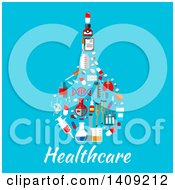 Clipart Of A Flat Design Rectal Bulb Syringe Formed Of Medical Icons With Text On Blue Royalty Free Vector Illustration