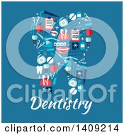 Poster, Art Print Of Flat Design Tooth Formed Of Icons Over Dentistry Text On Blue