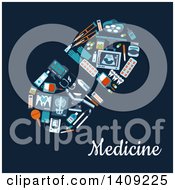 Clipart Of A Flat Design Pill Formed Of Medical Icons With Text On Blue Royalty Free Vector Illustration