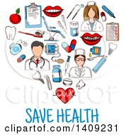 Poster, Art Print Of Sketched Heart Formed Of Dental Icons With Save Health Text