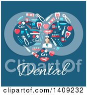Poster, Art Print Of Flat Design Heart Formed Of Dental Icons With Text On Blue