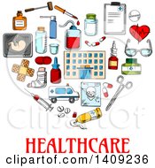 Clipart Of A Sketched Heart Formed Of Medical Icons With Text On Blue Royalty Free Vector Illustration