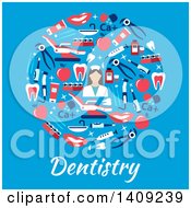 Poster, Art Print Of Flat Design Circle Formed Of Dental Icons With Text On Blue