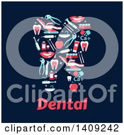 Poster, Art Print Of Flat Design Tooth Formed Of Dental Icons With Text On Blue