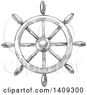 Clipart Of A Black And White Sketched Ship Steering Helm Royalty Free Vector Illustration
