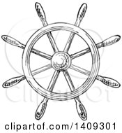 Poster, Art Print Of Black And White Sketched Ship Steering Helm