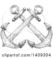 Clipart Of Black And White Sketched Crossed Anchors Royalty Free Vector Illustration