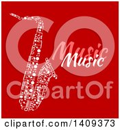 Poster, Art Print Of Saxophone Formed Of White Music Notes With Text On Red