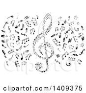 Clipart Of A Black And White Clef And Music Notes Royalty Free Vector Illustration