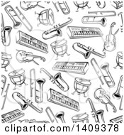 Seamless Background Pattern Of Black And White Musical Instruments